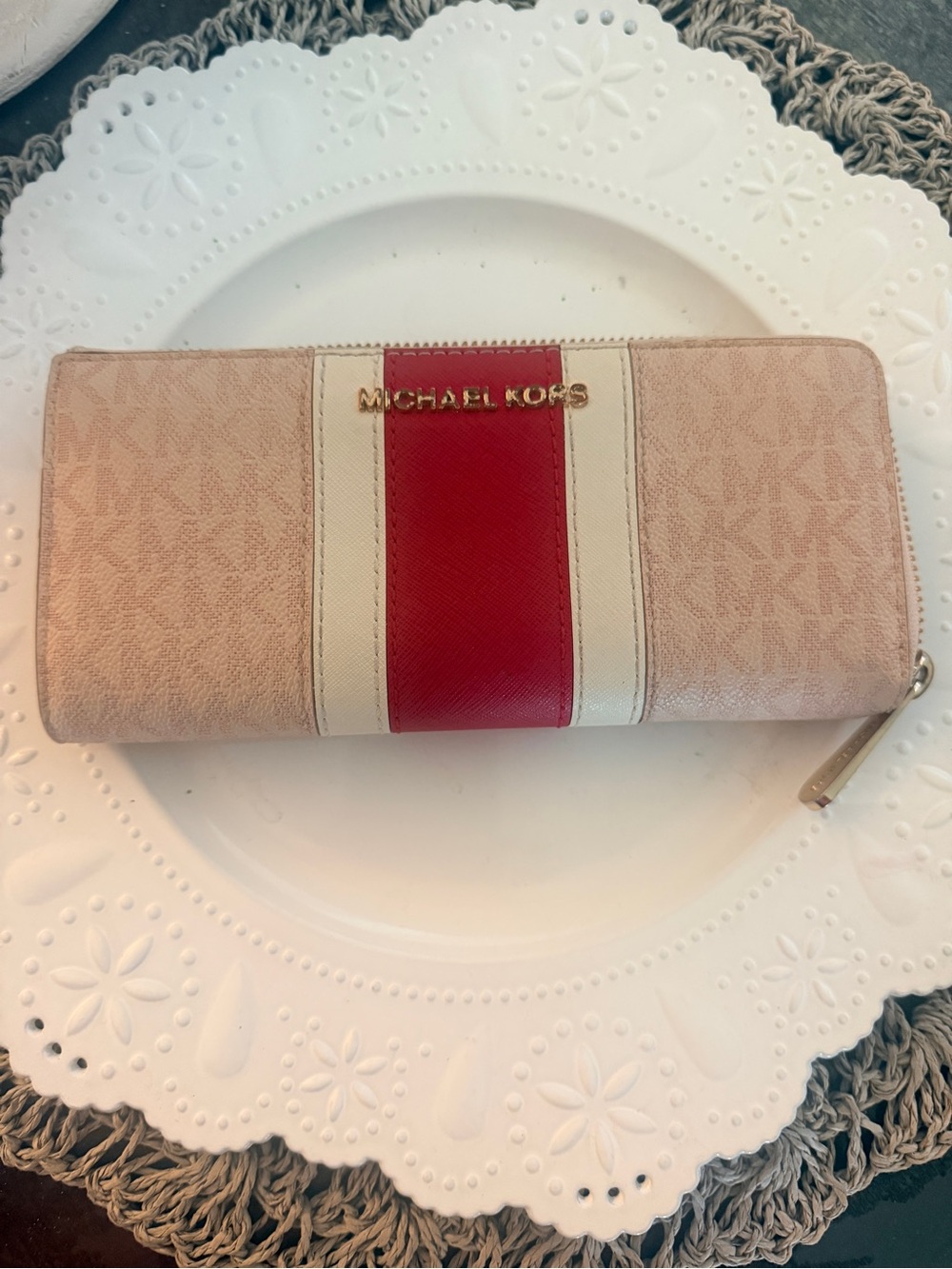 Michael Kors Beige Pink Wallet with Red Center Stripe